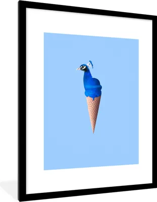 Produktbild von MuchoWow® Gerahmtes Poster Pfau - Eistüten - Eiscreme - Blau - Vogel 60x80 cm - Poster mit Schwarzem Bilderrahmen Wandposter Rahmen Foto Bilder - Wohnzimmer - Dekorationen - Prämie