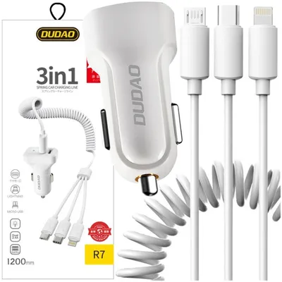 Produktbild von Dudao Auto Ladegerät Kit 2X Usb 2.4A + Usb Kabel 3In1 Lightning / Typ C / Micro Usb Weiss (R7 Weiss)