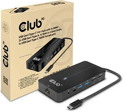 Produktbild von CLUB3D USB-7-in1-HUB USB-C > 2xHDMI/2xUSB/RJ45/USB-C 100W retail