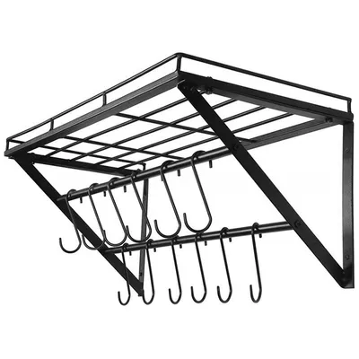 Produktbild von Küchen-Wandregal aus Metall mit 3 Ebenen & 12 Haken – Topfhalter für Wand, faltbares Eisenregal zur Aufbewahrung von Küchenutensilien