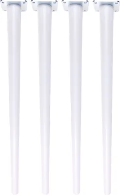 Four white table legs are arranged vertically against a white background.