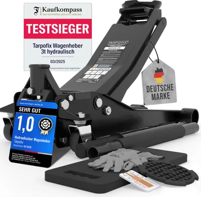 Produktbild von Tarpofix Wagenheber 3T hydraulisch – Rangierwagenheber flach für Auto & SUV, Hubhöhe 85 - 475 mm, inkl. Gummiauflage & Handschuhe
