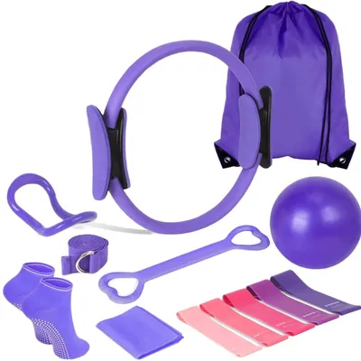 Obrázek produktu pro Pilates sada, 13 dílů: odporové gumy, pilatesový kruh (35,6 cm), miniball, sada pro posilování středu těla, zlepšení flexibility, barva: fialová