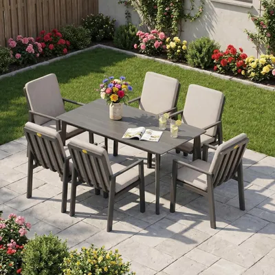 Produktbild von RICHLY Gartenlounge-Set Dining Lounge für 6 Personen Outdoor,Garten-Essgruppe mit Kissen und Sitzpolstern Aluminium,Gartenmöbelset, 7-tlg,Schwarz