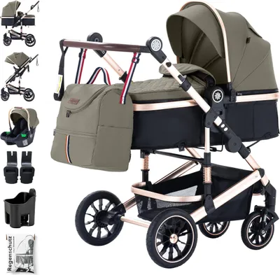 Produktbild von Daliya® NEOMOVE 3in1 Kinderwagen | mit i-Size Babyschale & Buggy | Alu-Rahmen Reisekinderwagen | Kombikinderwagen mit großen Einkaufskorb | für Stadt und Gelände | Sicher & Komfortabel (Rahmen: Gold, Stoff: Braun)