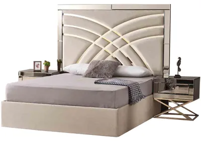 Produktbild von Beige Schlafzimmer Möbel Textilbett  Holz 2x Nachttische 3tlg