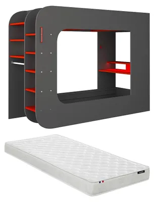 Produktbild von Gamer Hochbett 90 x 200 cm - Mit Schreibtisch und mit Kommode - Mit LED-Leuchten - Farbe Anthrazit und Rot + Matratze - WARRIOR