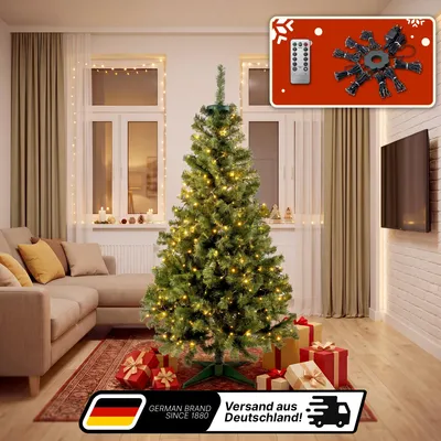 Produktbild von Lindenstein Weihnachtsbaum 90/120/150/180/200/220cm, PVC, mit LED-Baummantel Weihnachtsbaum künstlich wie echt, Weihnachtsbaum mit Beleuchtung, Lichtketten mit Ring