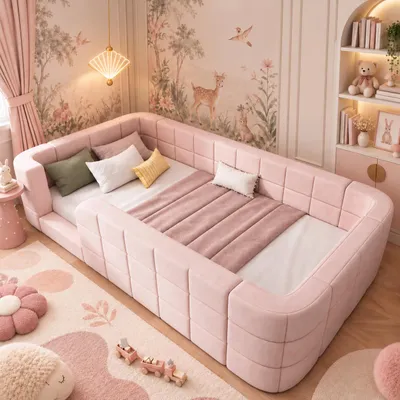 Obrázek produktu pro Dětská postel o rozměrech 90 x 200 cm, potažená chenillem, růžová, s třístrannou ochrannou zábranou a roštovou konstrukcí