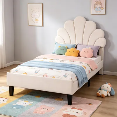Productafbeelding van INONEFT Kinderbed 90x200 cm, met hoofdeinde met bloemenprint, meisjesbed met lattenbodem, eenpersoonsbed, gestoffeerd bed, tienerbed, gastenbed, fluweel, beige