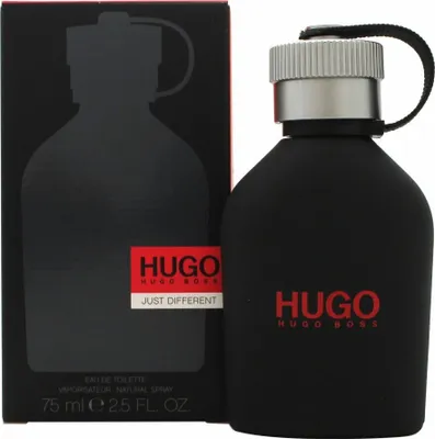 A black bottle of Hugo Boss 'Just Different' Eau de Toilette and its packaging are displayed against a white background.