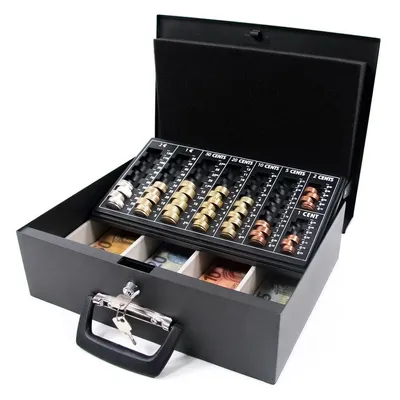 Obrázok produktu pre hjh OFFICE Pokladnička uzamykateľná SAFE I Oceľová pokladnička s doskou na počítanie euromincí, 10,5 x 35,5 x 27,5 cm