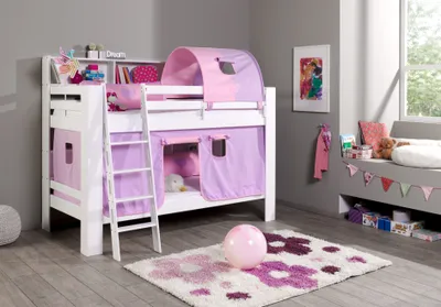 Produktbild von Relita Etagenbett Jan mit Bücherregal, Vorhang und 1-er Tunnel purple/rosa/herz