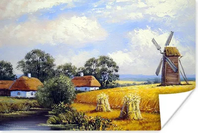 Produktbild von MuchoWow® Poster Gemälde - Bauernhof - Mühle - Ölfarbe 180x120 cm - Fotoplakat