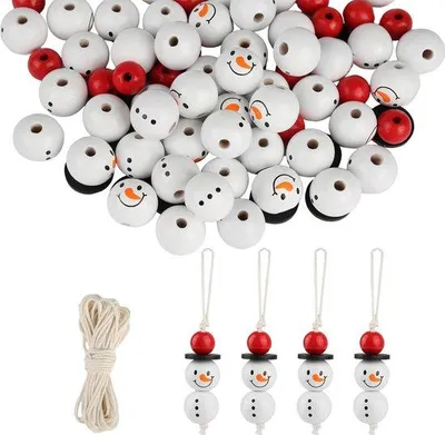Produktbild von Naturwolle-Kralenset für Winterdeko, 120 Holzperlen, 30 Schneemann-Sets, 5 m Baumwollfaden, 20 mm Schneemann-Gesicht, DIY-Knüpfset