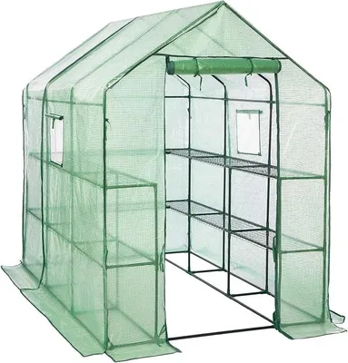 Produktbild von Gewächshaus, Foliengewächshaus, Tomatenhaus, Begehbares tomatengewächshaus, PE Gitterfolie, 14 Regalen und 2 Fenster, Stabil, Garten, Balkon, 145 x 212 x 198 cm, Grün EGN13GH02G1