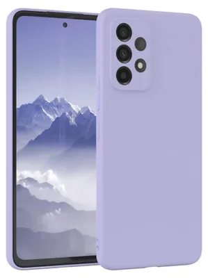 A purple phone case is shown on a light gray background, with a phone inside the case displaying a mountain landscape.
