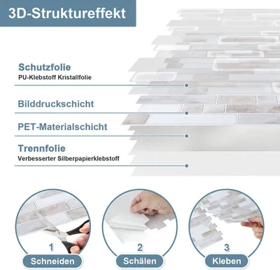 Produktbild von Izrielar Fliesenaufkleber 30x30cm Fliesen-Folie 10 Stück Deko selbstklebende Klebefliesen Weißbraun für Küche Bad Wohnzimmer Zimmer