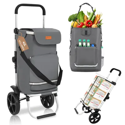 Produktbild von Sekey 3in1 Einkaufstrolley Klappbar Einkaufswagen mit Kühlfach, Spanngurt und höhenverstellbarem Griff, Grau