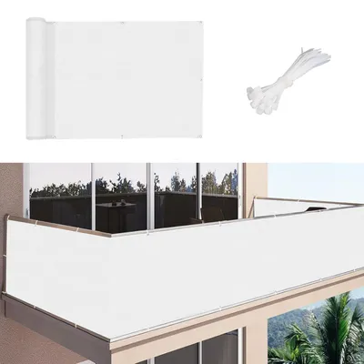 Produktbild von Balkonumspannung Wasserdicht Sichtschutz Balkon Sichtschutzmatte Wetterfest Zaunblende mit Ösen & Kabelbinder Windschutz Sonnenschutz für Terrasse Garten 70x300cm Weiß