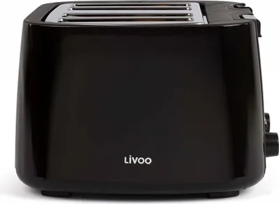 A black Livoo toaster is shown from the front on a white background.