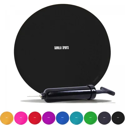 A black balance cushion with a pump and several colored cushions shown below.