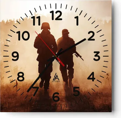 Produktbild von Wanduhr - Quadrat - Glasuhr - Soldat Gewehr - 30x30cm - Schleichendes Uhrwerk - Lautlos - zum Aufhängen bereit - Dekoration Modern - Wanddekoration aus Glas - C4AC30x30-4043