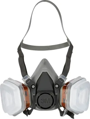 Produktbild von 3M Atemschutz-Mehrweg-Halbmaske, Kunststoff, grau, für Gase, Dämpfe & Partikel, ideal für Lackier-, Maler- & Schleifarbeiten, 4-teiliges Set (Maske, Gasfilter, Partikelfilter, Filterdeckel), inkl. 3M Schutzbrille, Bajonett-Klick-Anschluss, uneingeschränkte Sicht