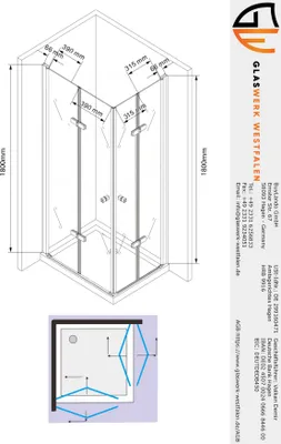 Produktbild von Glaswerk Westfalen – Eckdusche Caroline, 90x75x180 cm, inklusive Duschwanne und Ablauf