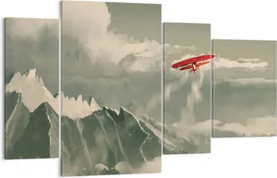Produktbild von Bild auf Leinwand - Leinwandbild - 4 Teile - Rot Flugzeug Berge - 120x70cm - Wand Bild - Wanddeko - Wandbilder - Leinwanddruck - Bilder - Wanddekoration - Leinwand bilder - Wandbild - DL120x70-4854