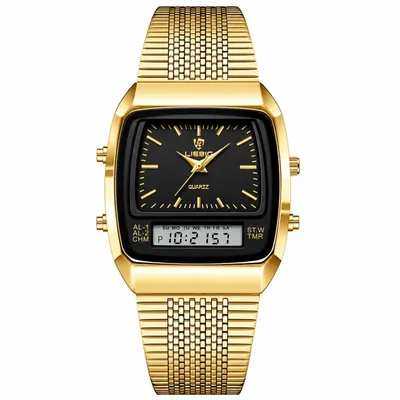 Produktbild von Herren Damen Quarzuhr mit Dualzeit, Analog Digital Anzeige, Doppelwerk, Edelstahlarmband, Alarm und Kalender