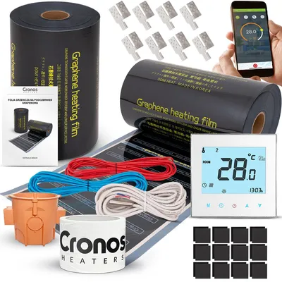 Imagen del producto de Kit de película infrarroja calefactora Cronos GRAPHENE de 220W/m², de 50 cm de ancho, para superficies de 6 m² + termostato AC605H-WiFi, color blanco