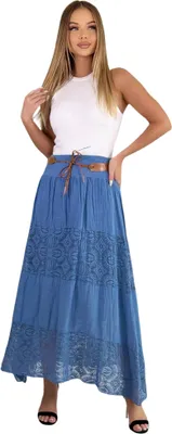 Produktbild von Mississhop Langer Baumwollrock mit Spitze & Gürtel 3094 Jeansblau