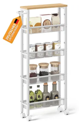 Zdjęcie produktu dla VASAGLE Wózek na kółkach, wąski wózek kuchenny z 5 półkami, wymiary: 45,4 x 13 x 99,6 cm