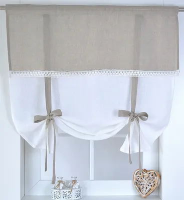 Produktbild von Kutti Raffgardine Venezia 100% Leinen Weiss Natur Landhaus Borte Schleifen romantisch 120 x 100 cm, Weiss