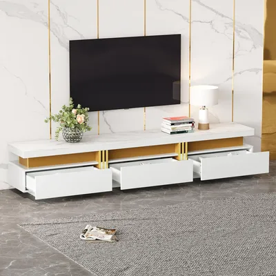 Obrázek produktu pro okwish Moderní TV skříň Konferenční stůl s deskou v mramorovém designu, TV skříň s mramorovým vzorem, pro televize do 90 palců, Bílá