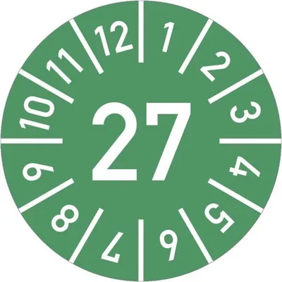 Produktbild von Dreifke® Prüfplakette Jahr 27 mit Monaten, grün, Folie, Ø 15 mm, 10 St./Bo.