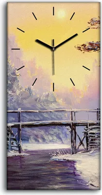 Produktbild von Dekor Leinwand Uhr Wandbilder 30x60 Weiße Brücke Fluss Winter Landschaft - schwarze Hände