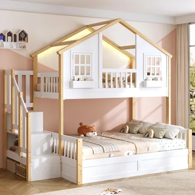 Produktbild von okwish Etagenbett 90/140x200 Jugendbett mit LED Beleuchtung und Stauraumtreppe Doppelbett Hausbett mit Fenster und Stauraum Hausbett Hydraulikbett mit Sicherheitsgitter Weiß,ohne Matratze