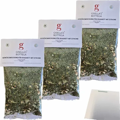 Produktbild von Gisellas Bottega Gewürzmischung für Spaghetti mit Zitrone 3er Pack (3x50g Packung) + usy Block