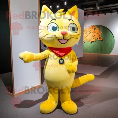 Produktbild von Maskottchen REDBROKOLY kostüm der gelben Katze gekleidet mit Rollkragenpullover und Krawatten