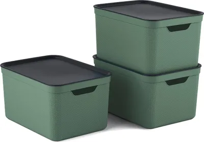 Three green storage boxes with black lids are stacked and arranged on a white background.