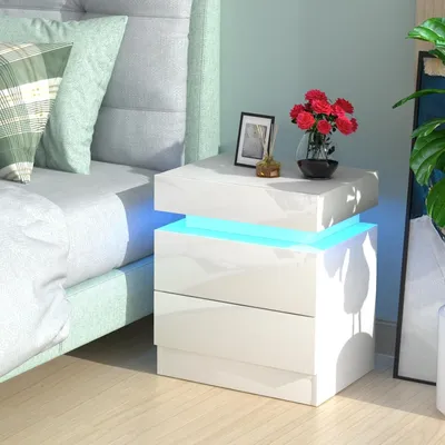 Produktbild von Nachttisch mit LED Licht,Nachtschrank Weiß Hochglanz mit 2 Schubladen,Versteckter Stauraum Oben,Beistelltisch Kommode für Schlafzimmer 45x35x52cm