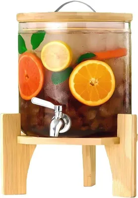Produktbild von Glasen Drankbehälter mit Holzstandard und Edelstahl-Spülkopf - 5L Fassungsvermögen für Feiern und Veranstaltungen