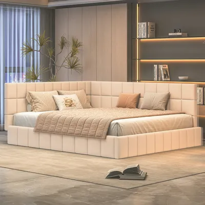 Image de MODFU Lit Banquette 160x200 cm - Lit Double Multifonction Rembourré avec Tiroirs Réversibles et Sommier Intégré - Velours + MDF, Beige, Sans Matelas