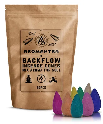 Produktbild von Aromantra - Backflow Räucherkegel Mix 60 Stück - Bunte Duftkegel Für Rauchwasserfall - Jasmin, Sandelholz & Rose - Yoga