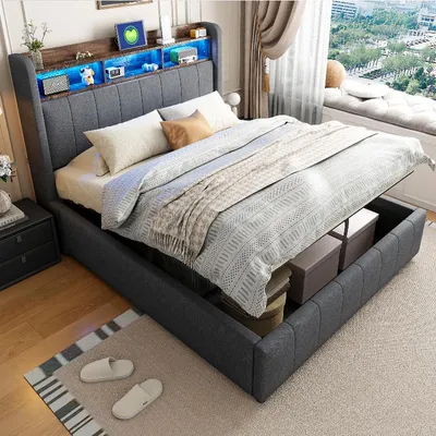 Produktbild von Polsterbett 140x200cm mit LED-Beleuchtung, USB und Typ-C Anschluss, Kopfteil mit Einlegeböden und Stauraum, hydraulischem Bettkasten, Leinenstoff Grau