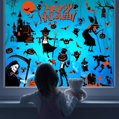 Obrázok produktu pre Halloween nálepky na okná, opakovateľné, obojstranné, PVC, 9 listov