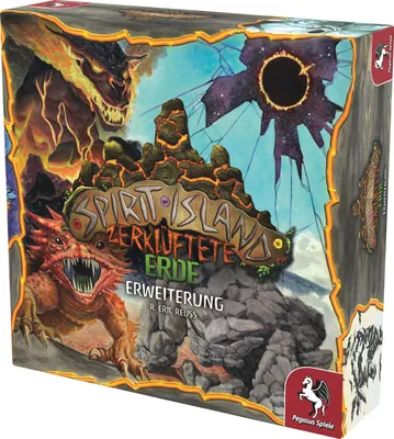 The image shows the front of a board game box for "Spirit Island: Zerklüftete Erde Erweiterung". The artwork depicts fantasy creatures and a volcanic landscape.