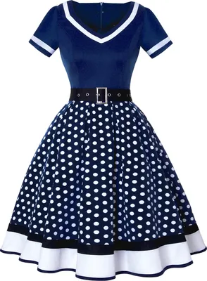 Produktbild von ASKSA Rockabilly Kleider Damen 50er Jahre Vintage Kurzarm V-Ausschnitt Polka Dot Swing Coctailkleid Hochzeit Festlich Knielang Kleid (Marineblau,3XL)